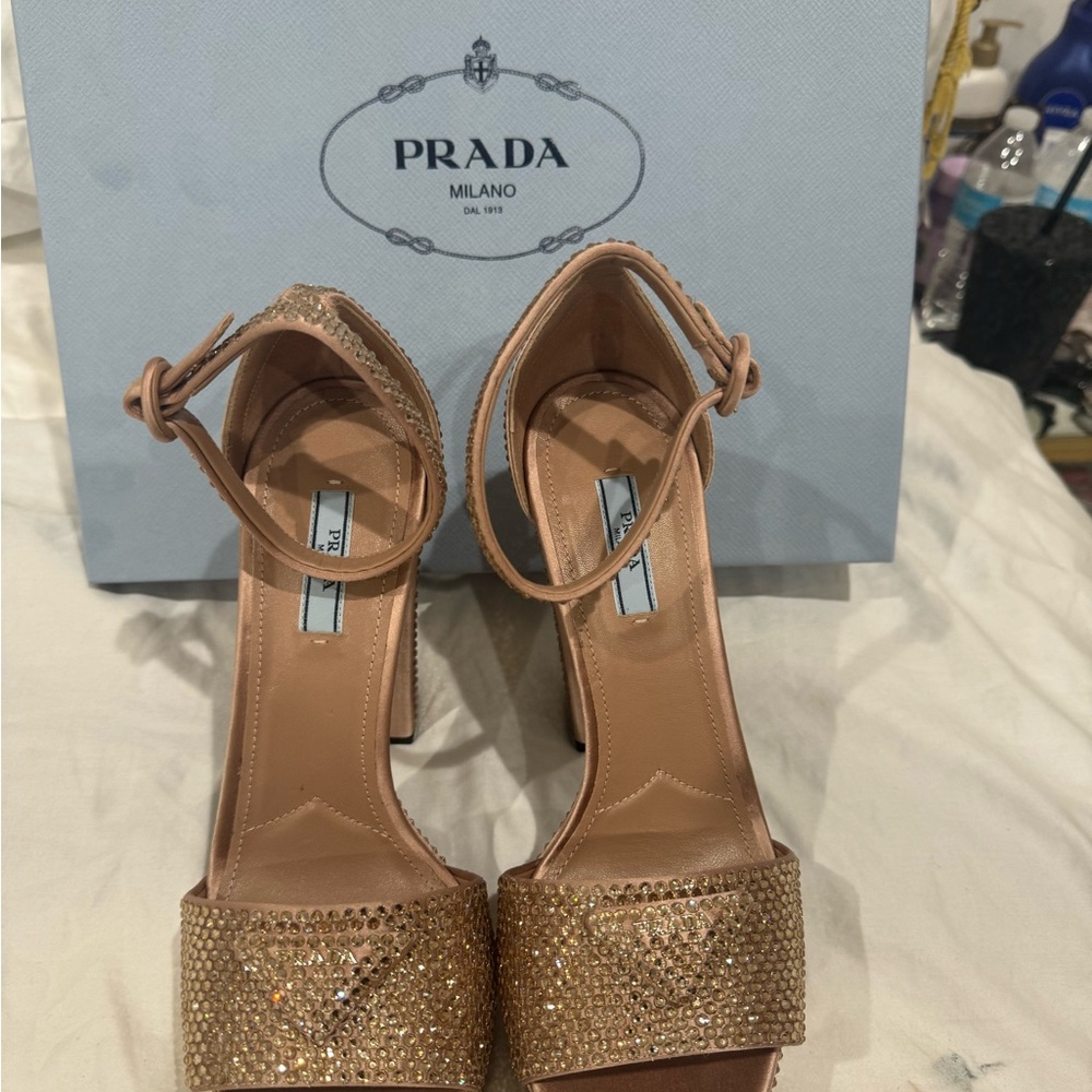 Prada Tan Heels with Ankle Strap and Mesh Detail